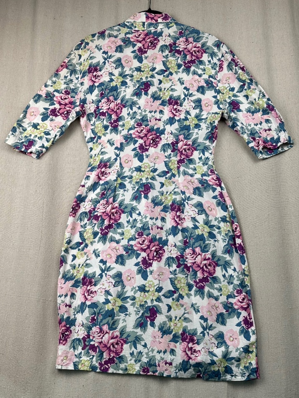 Vintage 80's Floral Midi Mini Skater Dress S Front Rosette Buttons Short Sleeves